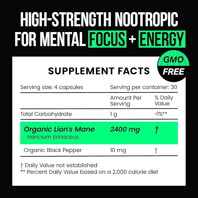 Organic Lions Mane Supplement Capsules 2400 mg - Powerful Nootropic - Helps Maintain Memory, Energy, and Mental Clarity - Vegan Brain Booster Focus Pills - Real Lion's Mane Supplement