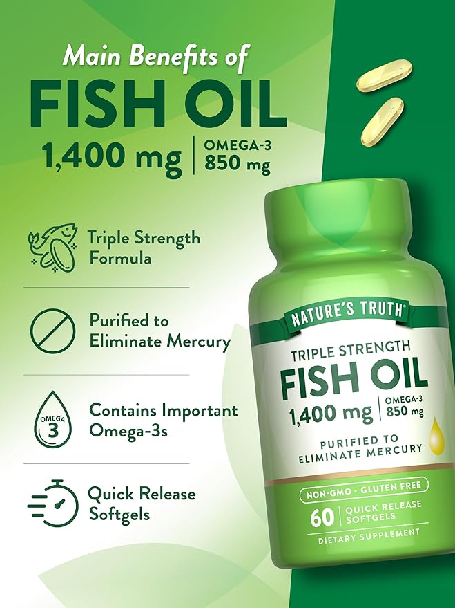 Nature's Truth Triple Strength Fish Oil 1400 mg | 850 mg Omega-3 | 60 Softgels | Non-GMO & Gluten Free