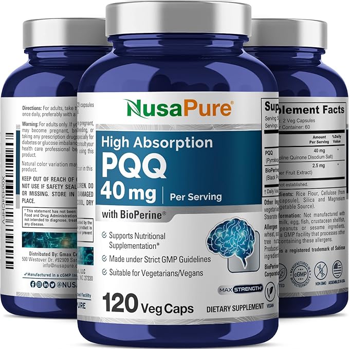 NusaPure PQQ Supplement 40 mg, 120 Veggie Capsules, Non-GMO, Pyrroloquinoline Quinone Disodium Salt, Bioperine & Vegan