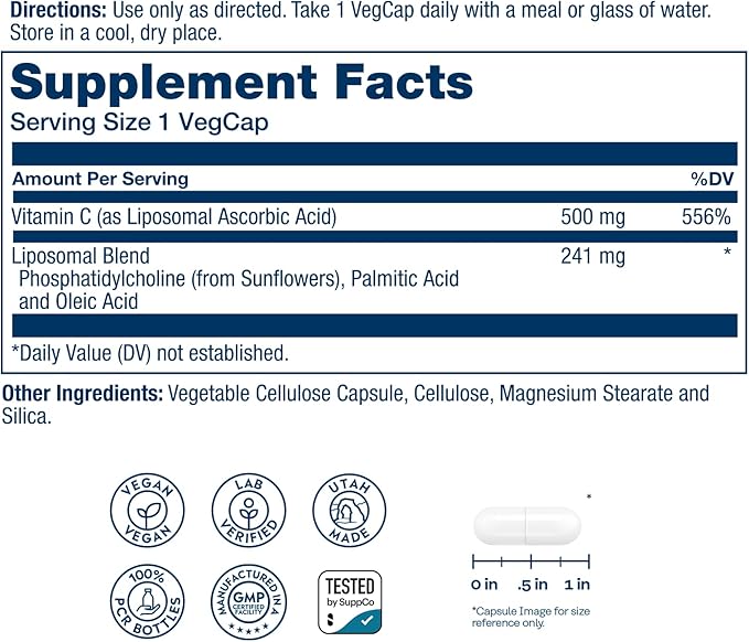 SOLARAY Liposomal Vitamin C 500mg - Enhanced Absorption Vitamin C Liposomal Blend with Fatty Acids - Antioxidant and Immune Support Supplement - Vegan, 60-Day Guarantee, 100 Servings, 100 VegCaps