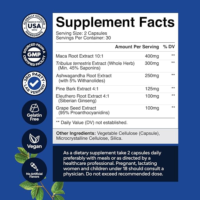 Potent Black Maca Root Capsules for Men - Herbal Wellness Supplement with Siberian Ginseng Ashwagandha and Black Maca Root - Men’s Wellness Supplement to Support General Health - 60 Count