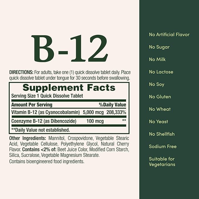 Nature's Bounty Vitamin B12, Supports Energy Metabolism and Nervous System Health, 5000mcg, 40 Quick Dissolve Tablets