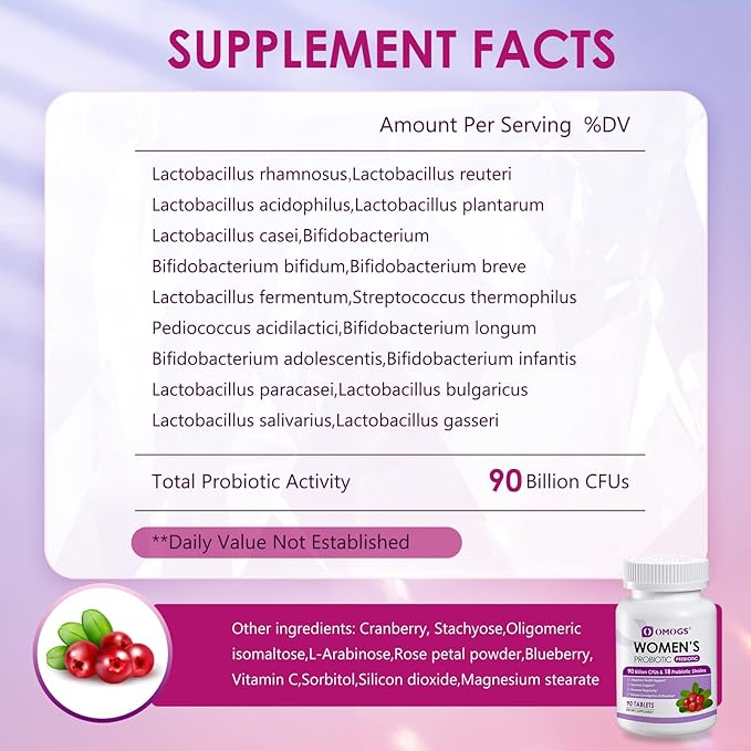 OMOGS Women's Probiotic, with Cranberry Extract, Organic Prebiotics & Vitamin C, 90 Billion CFUs,18 Strains, Help for Boost Immune, Digestive, Gut Health & Women's Health, Gluten & Soy Free,90 Tablets