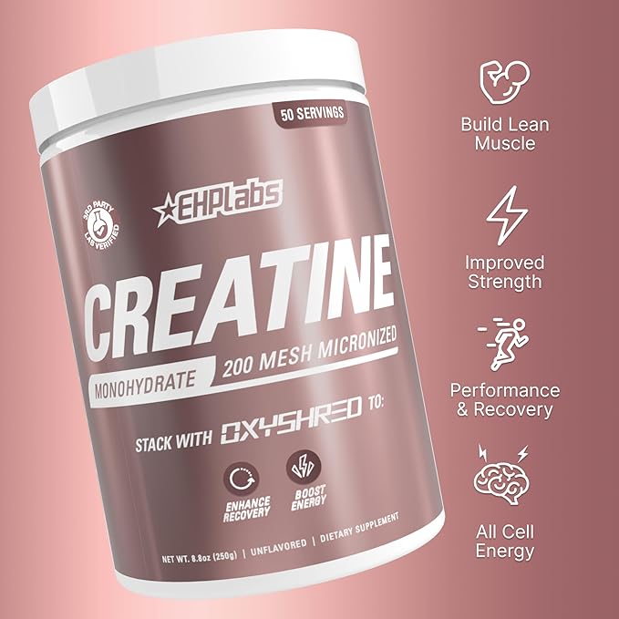 EHP Labs CREA-8 Creatine Monohydrate Powder - Unflavored Creatine Powder for Muscle Growth, Increased Strength, Enhanced Energy Output and Improved Performance - 50 Servings (250g)