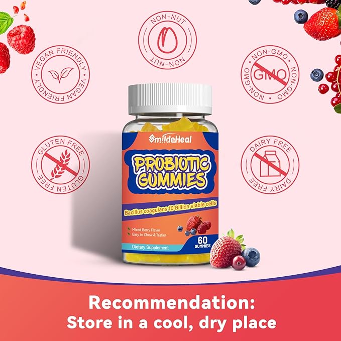 Probiotic Gummies for Digestive Health - 10 Billion CFU Bacillus Coagulans - Vegan & Non-GMO - Immune & Digestive Support for Men & Women - Strawberry & Mixed Berry Flavor, 60 Count