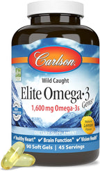 Carlson Elite Omega-3 Gems, 1600mg Omega-3s with EPA & DHA, Wild-Caught Norwegian Fish Oil, Lemon Flavor, 90 Softgels