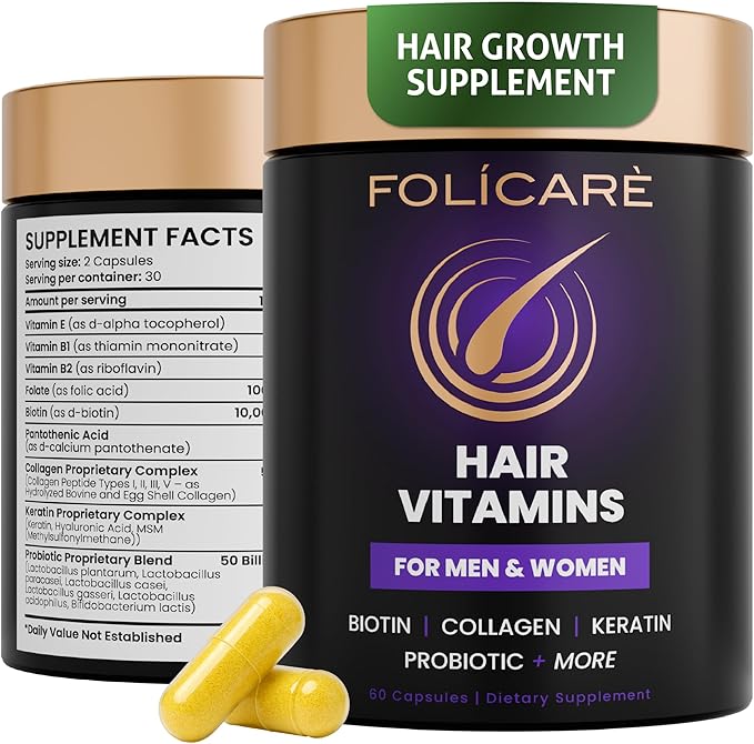 Biotin Hair Growth Supplement with Collagen, Keratin, and Probiotics – Hair Growth Support, Skin & Nails Supplement for Men and Women – Supports Thicker, Stronger Hair – Made in USA (1 Pack)