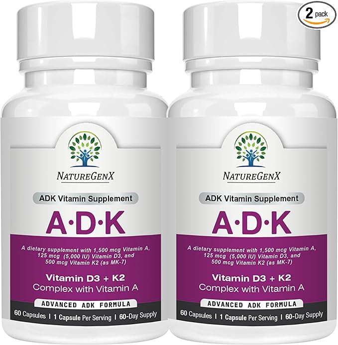 ADK Vitamin Supplement – Vitamins A, D3 & K2 MK-7 for Bone Health & Calcium Absorption – Gluten-Free, Non-GMO, Soy-Free – 120 Capsules, 2-Pack (4-Month Supply)
