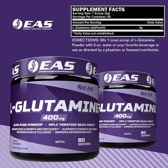 EAS L-Glutamine Powder | 99.5% Purity AjiPure Glutamine | Maximize Muscle Growth & Recovery | Improve Nitrogen Balance | 400mg, 80 Servings (Unflavored)