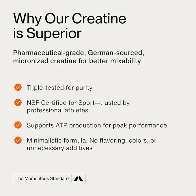 Momentous Creatine Monohydrate Powder - Creatine Powder - Supports Strength, Lean Muscle, & Recovery for Men & Women - NSF Certified for Sport - 5 g per Serving - 90 Servings
