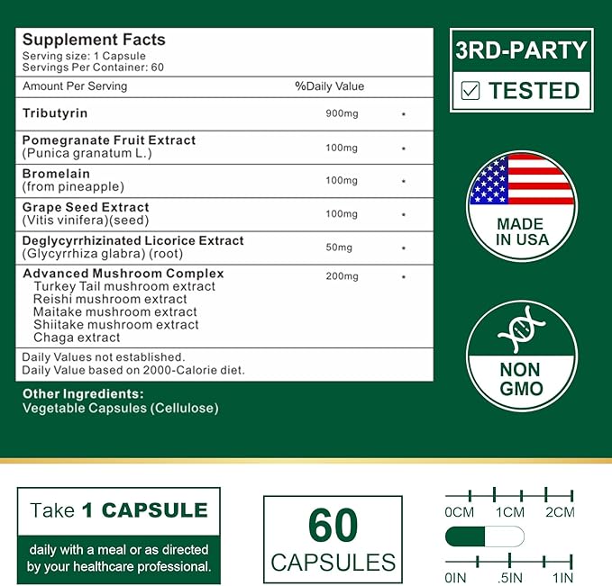 Tributyrin Supplement - Butyrate Precursor for Gut Barrier Support, Leaky Gut Support, Digestion 60 Count