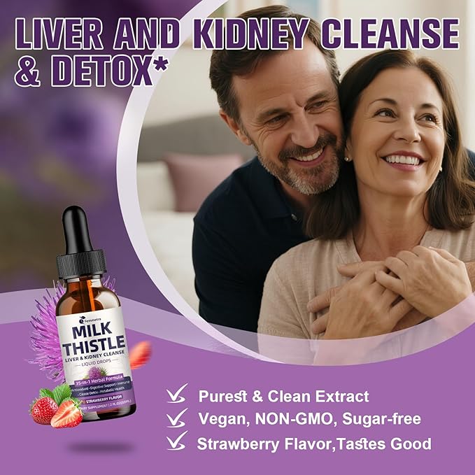 Milk Thistle Extract Liquid Drops for Liver Cleanse Detox & Repair, 35-IN-1 Kidney Support Supplement with Artichoke & Dandelion for Urinary Tract, Bladder, Vegan, Non-GMO, Strawberry Flavor, 2 FL OZ