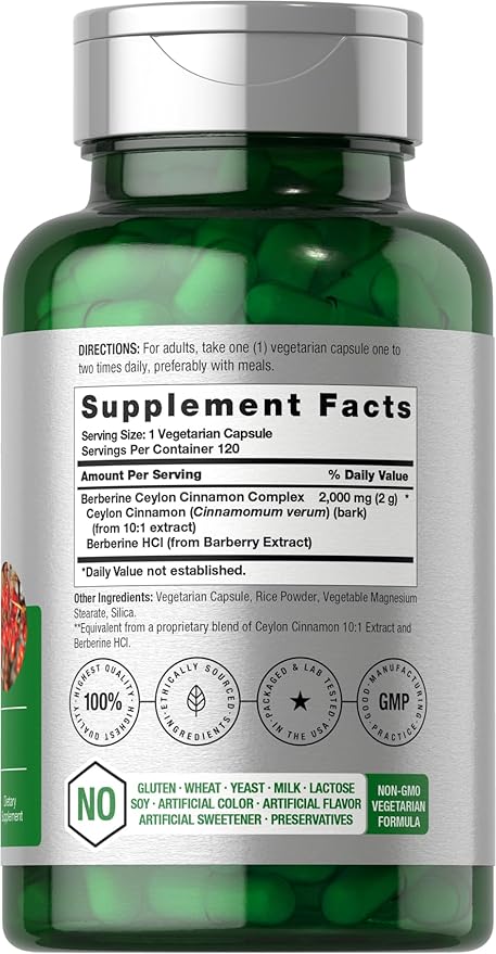 Horbäach Berberine with Ceylon Cinnamon | 120 Veggie Capsules | Vegetarian, Non-GMO & Gluten Free Supplement | Berberine Complex