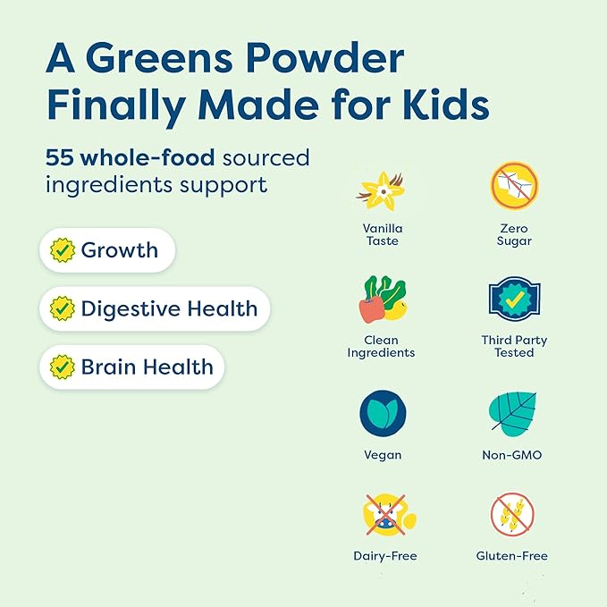 HIYA Kids Greens Powder Sticks - 55 Whole-Food Sourced Ingredients & Delicious Flavor - Greens Superfood Powder for Kids (Vanilla)