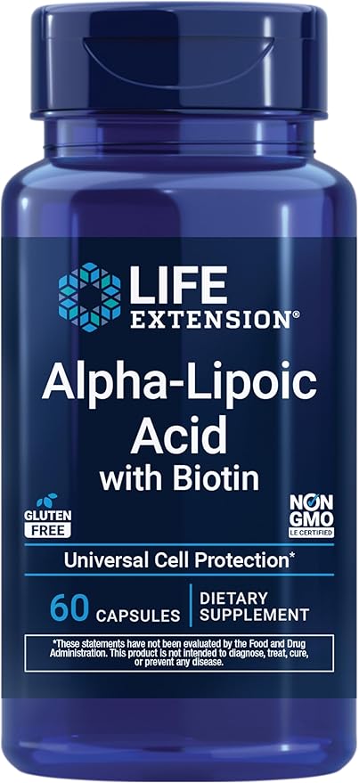 Life Extension Alpha-Lipoic Acid with Biotin, for Cell Protection, Universal antioxidant for Liver & Nerve Health, Gluten-Free, Non-GMO, 60 Capsules