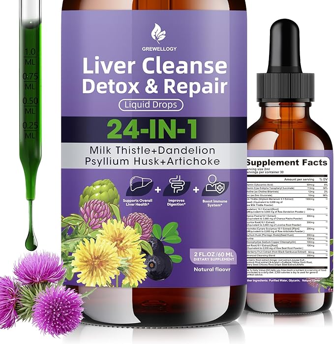 Liver Cleanse Detox & Care Liquid Drops - 24-in-1 Milk Thistle Supplement 5000mg Eq. with Artichoke, Dandelion & Chanca Piedra - Vegan Liver Support for Women & Men - Alcohol Free, 2 Fl Oz
