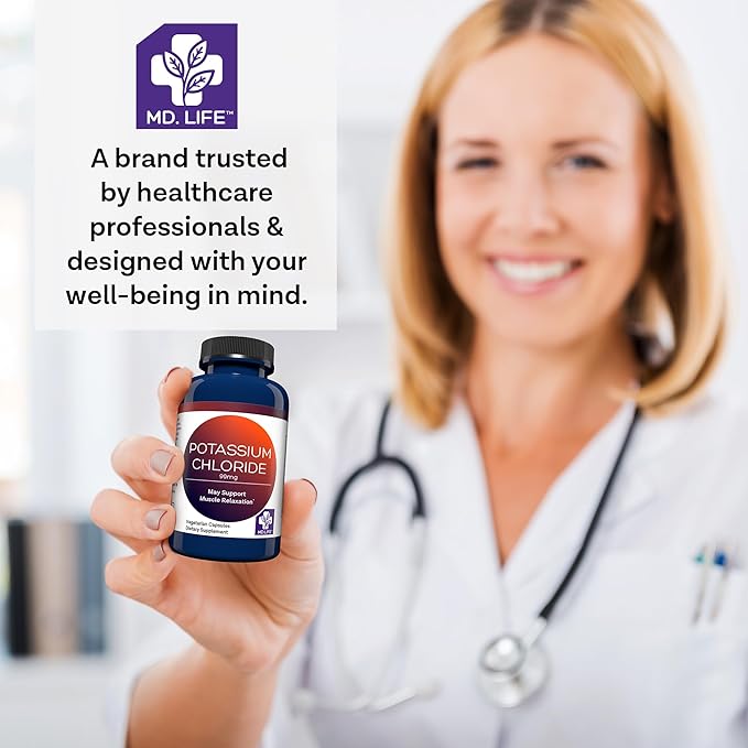 MD Life Potassium Chloride Supplement - Third Party Lab Tested - Potassium Chloride Capsules May Help Support Muscle Function & Healthy Blood Pressure Vegetarian Potassium Supplement (60 Capsules)