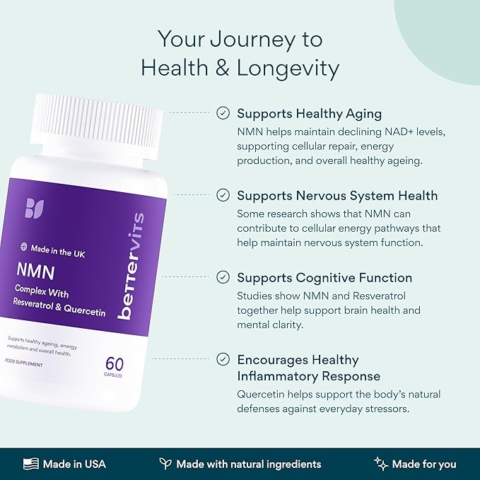 Bettervits NMN Supplement with Quercetin Powder| NAD+ Resveratrol Support Formula for Cells Regeneration, Energy and Anti-Aging Support | NAD Supplements for Women & Men - 60 Capsules