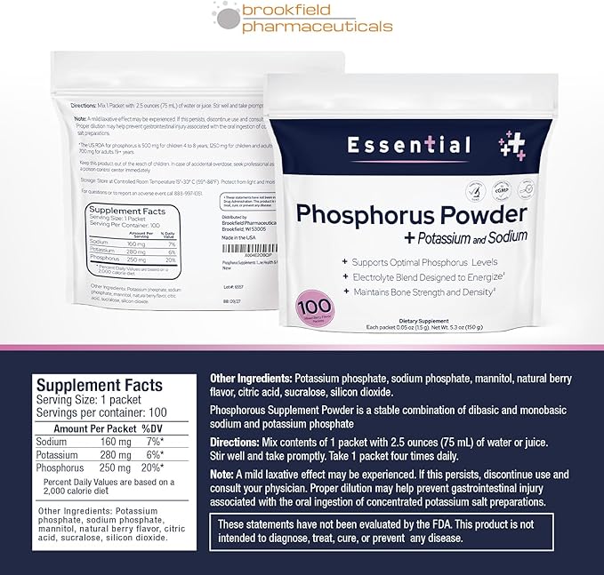 Phosphorus Supplements 100 Packets, Dietary Supplements Powder with Sodium Phosphate and Potassium Phosphate, Fruit Flavored Phosphorous Supplement Powder for Electrolyte, Bone Health & Kidney Health