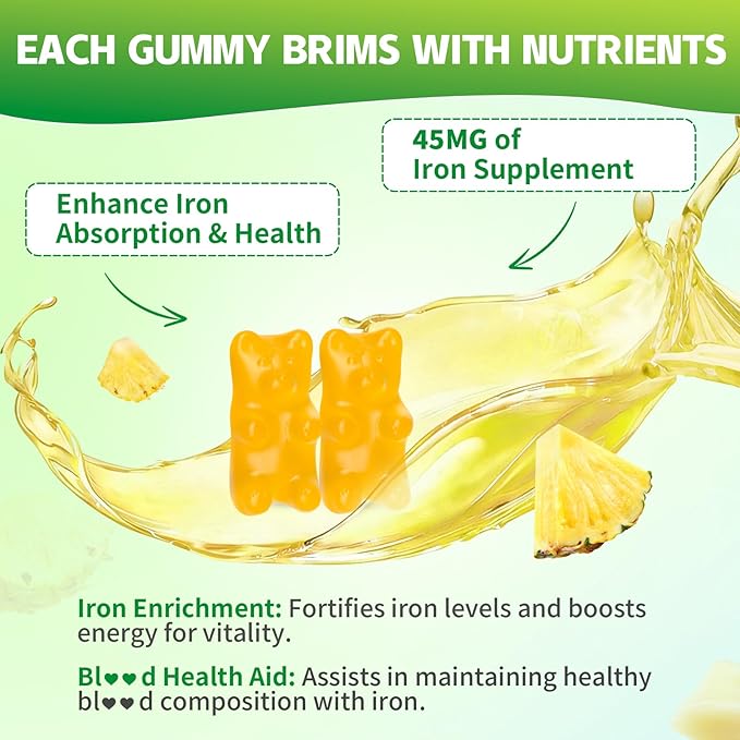 Iron Gummies for Women & Men, Iron Supplement Plus Calcium, Zinc, Folate & Vitamin B12, C, B6 - Energy Support, Immune Health, Pineapple Flavor, 60 Count