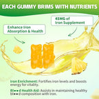 Iron Gummies for Women & Men, Iron Supplement Plus Calcium, Zinc, Folate & Vitamin B12, C, B6 - Energy Support, Immune Health, Pineapple Flavor, 60 Count