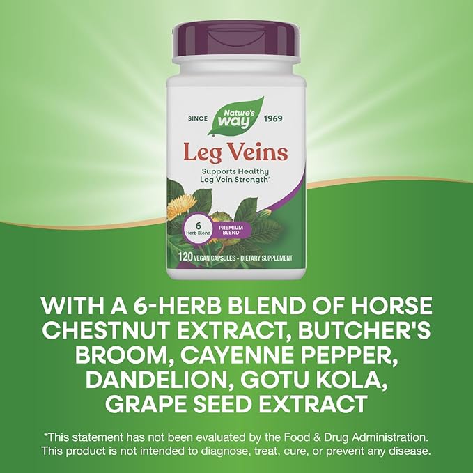 Nature's Way Leg Veins, Supports Healthy Leg Vein Strength*, 6-Herb Blend, With Horse Chestnut Extract, Dandelion, Gluten Free, 120 Vegan Capsules (Packaging May Vary)
