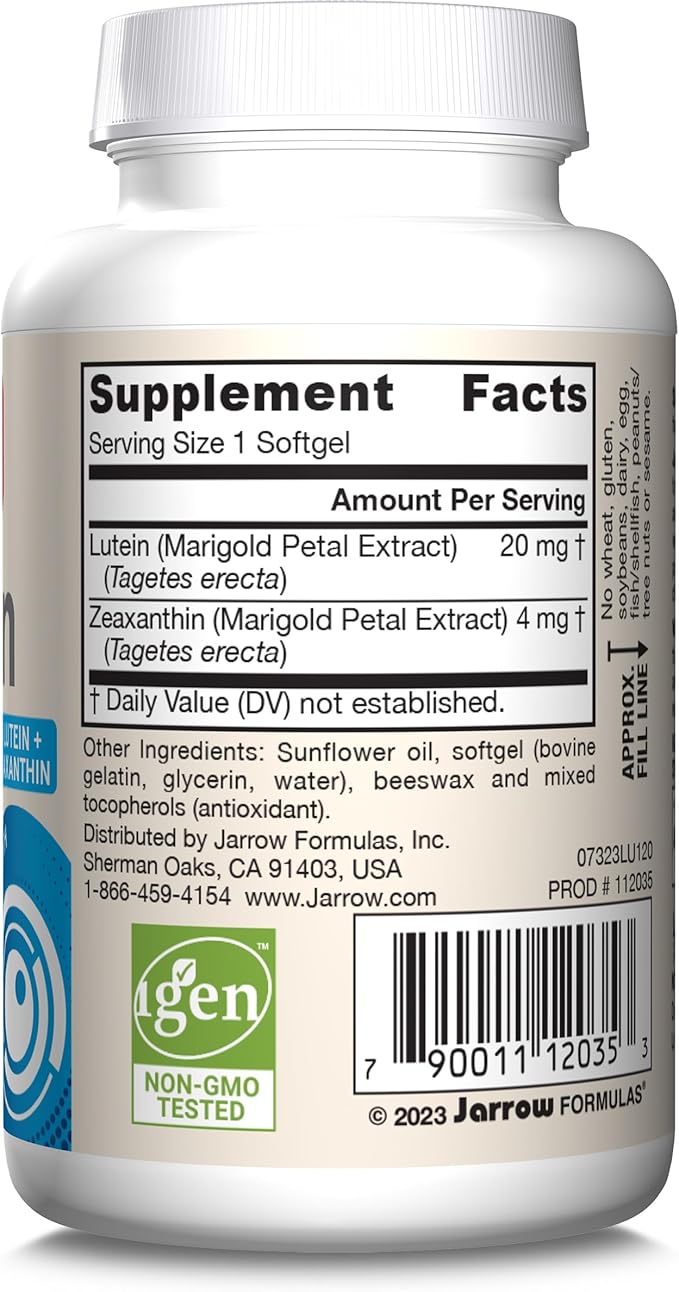 Jarrow Formulas Lutein 20 mg - 120 Softgels - Clinically Documented Eye Health & Support - With Zeaxanthin - 120 Servings