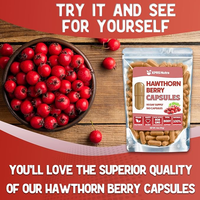 XPRS Nutra Hawthorn Berry Capsules - 180 Count (90 Day Supply) of Premium Hawthorne Berry Capsules for Cardiovascular Support - Vegan Friendly Hearth Health Supplement