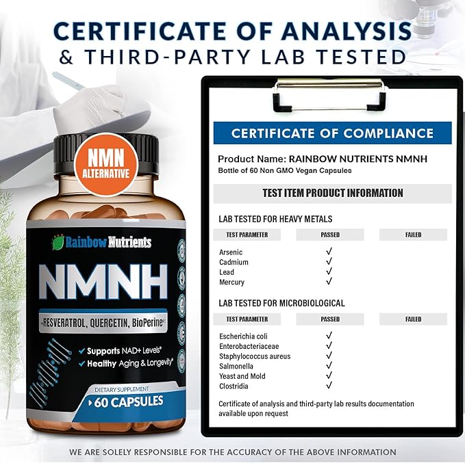 NMNH Supplement (NMN Alternative) NAD Booster for Anti-Aging, Cellular Energy & Nice Skin- Dihydronicotinamide mononucleotide, Resveratrol, Quercetin & BioPerine® for Max Absorption- 60 caps
