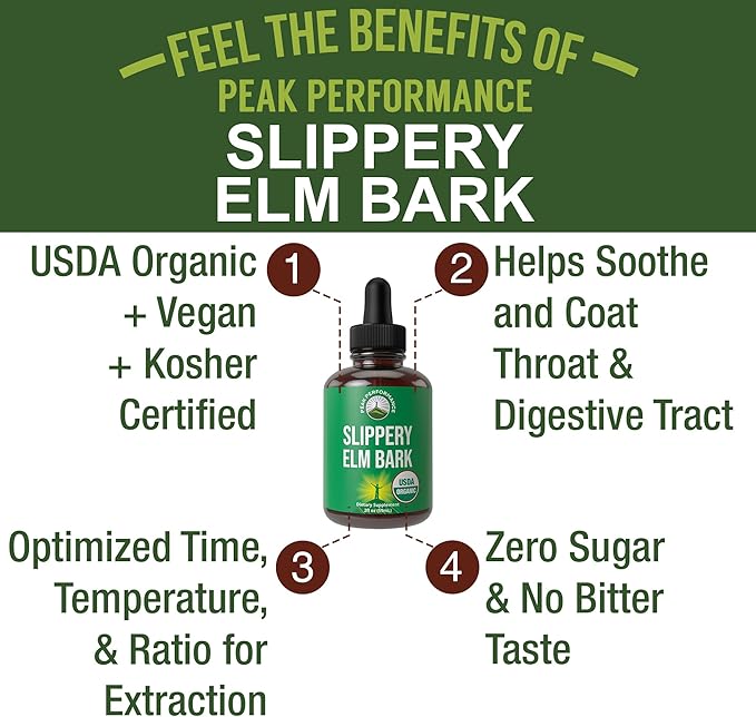 Slippery Elm Bark USDA Organic Vegan Liquid Drops. Extract with High Bioavailability for Women, Men, Kids. for Sore Throat, Irritated Stomach. Zero Sugar, Gluten Free, Tincture Supplement No Capsules