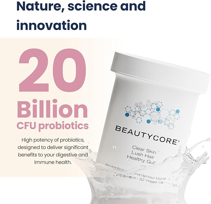 Supplement – Supports Collagen Production, Hair, Skin, Nails - 20B CFU Probiotics - Acid Resistant Veggie Capsule - Gut Health, Microbiome, Fermented Vitamins, Alleviates Bloating