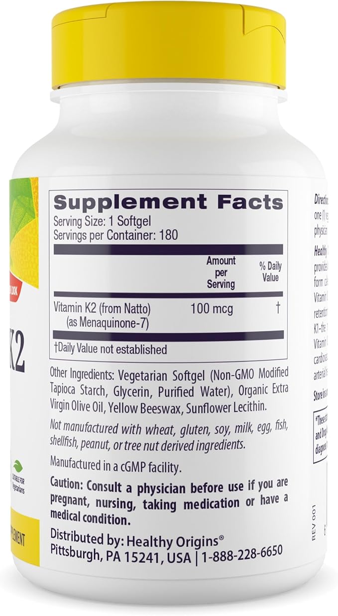 Healthy Origins Vitamin K2 100 mcg (MK-7, Non-GMO, Gluten Free, Cardiovascaular Support, Bone Support), 180 Veggie Gels