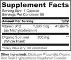 NATURELO Vegan B12 - Methyl B12 with Organic Spirulina - High Potency Vitamin B12 1000 mcg Methylcobalamin - Supports Healthy Mood, Energy, Heart & Eye Health - 90 Capsules