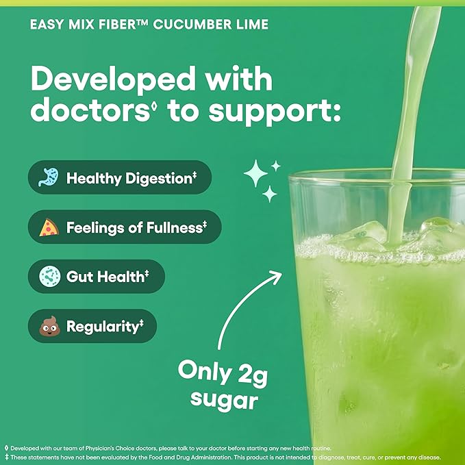 Physician's CHOICE Easy Mix Fiber for Digestive Health & Regularity - No Grit - Daily Prebiotic Soluble Fiber Powder Supplement for Women and Men - Cucumber Lime - 30 Servings