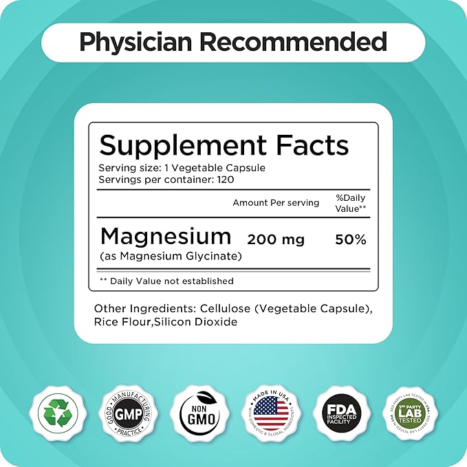 Balancebreens Magnesium Glycinate 200mg - Magnesium Bisglycinate Chelated Supplements for High Absorption - Non GMO and Gluten Free Gentle on Stomach for Restful Sleep and Muscle Support, 120 Count