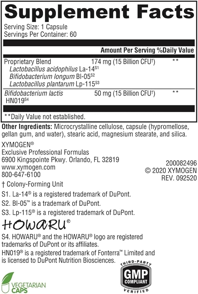 XYMOGEN ProbioMax Daily 30B - Probiotics for Digestive Health Support - Lactobacillus Acidophilus & Bifidobacterium Lactis HN019 - Vegetarian, Gluten-Free & Non-GMO - 60 Capsules