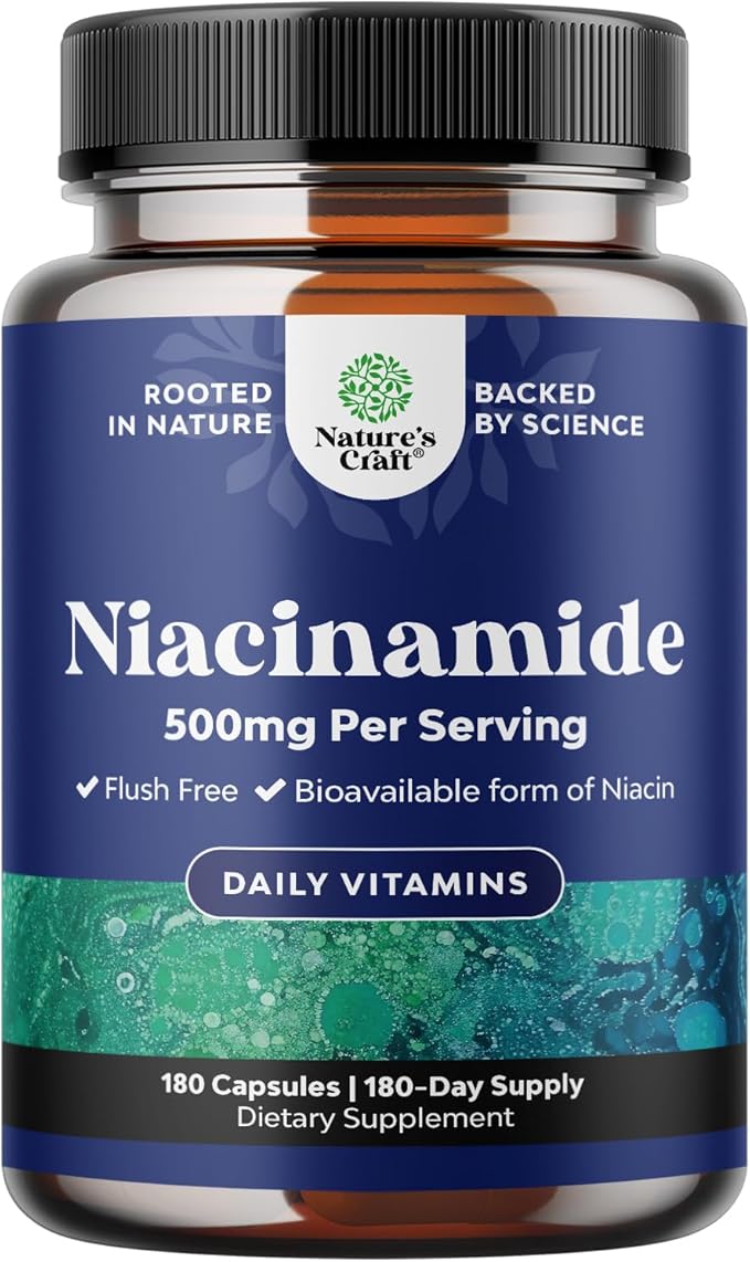 Pure Vitamin B3 Niacinamide 500mg Capsules - Niacinamide (Vit B3) 500mg Flush Free Form of B3 Vitamins for Skin Health Detox & NAD Production Support for Women & Men - Healthy Skin Supplement - 180 Ct