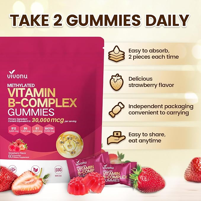 VivoNu Vitamin B Complex Gummies, 6000 mcg Methylated Vitamin B12, with B6 B1, B2, B3, B5, B7, Methylfolate, Vitamins A C D E, Vegan, Non GMO, Methylated B Complex Vitamin (3 Bag)