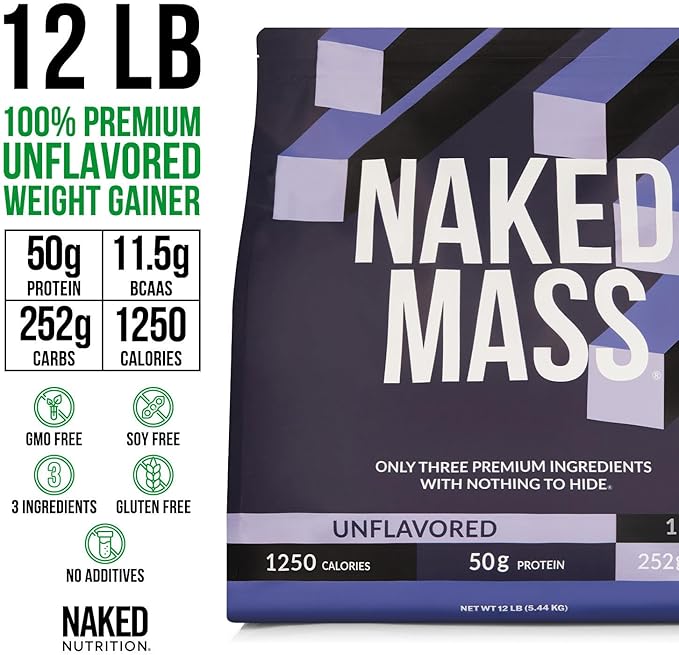NAKED Mass - Natural Weight Gainer Protein Powder - 12LB Bulk, NSF Certified, GMO Free, Gluten Free & Soy Free. No Artificial Ingredients - 1,250 Calories per Serving