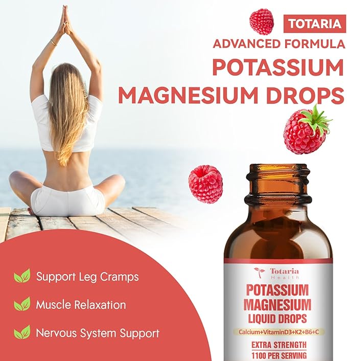 Potassium Magnesium Supplement Liquid Drops - High Absorption Potassium Supplement with Magnesium, Calcium, Vitamin D3 K2, Vegan, Non-GMO Potasio Support Leg Cramps, Bone, Muscle - 4 Fl oz