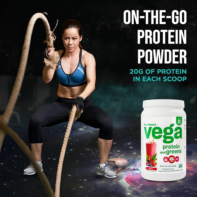Vega Premium Protein + Supergreens, Berry – 20g Vegan Protein, Dairy & Gluten Free, 20.8 oz (21 Servings)