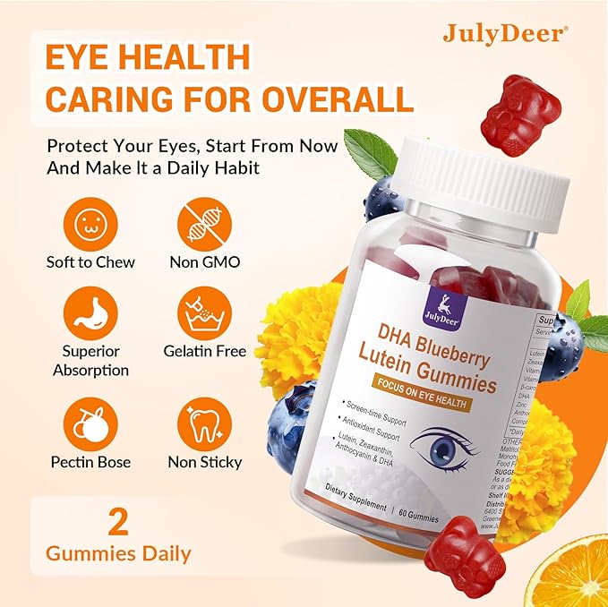 2 Packs Lutein and Zeaxanthin Gummies Supplements Support Eye Health, 9 in 1 with 8mg Lutein & 1.6mg Zeaxanthin, Eye Support | Non-GMO, Vegan | Sweet Orange Flavor | 120 Gummies