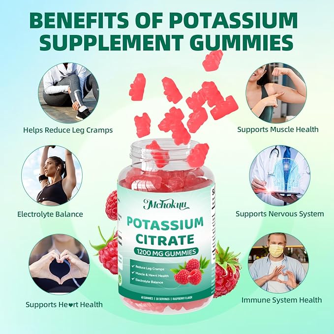 Potassium Citrate Supplement Gummies, Potassium Supplements for Women & Men, Helps Maintain Muscle Wellness & Electrolyte Balance, Vegan, Raspberry Flavor, 60 Count Potassium Gummies