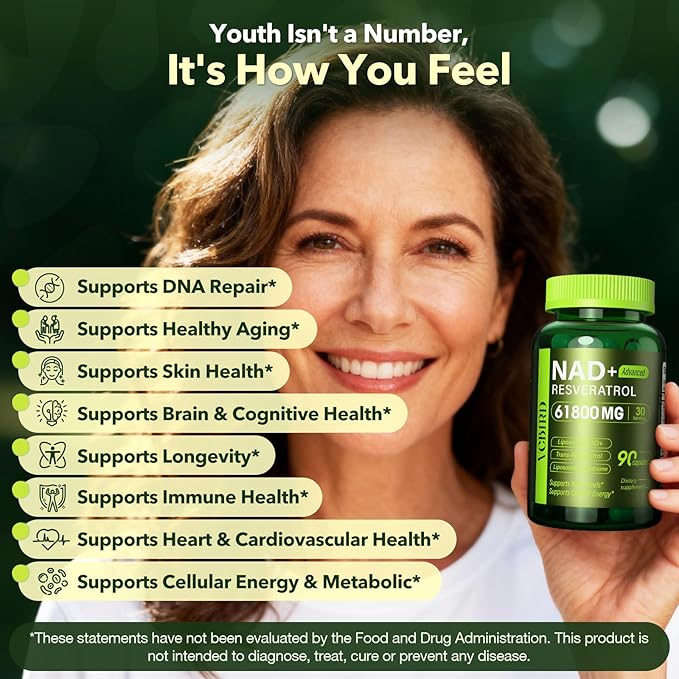 Liposomal NAD Supplement with Resveratrol 61800mg Per Bottle – NAD Resveratrol for Women & Men – High Purity 1200mg NAD+ Supplement for Energy & Healthy Aging, Glutathione, Turmeric – 90 Count