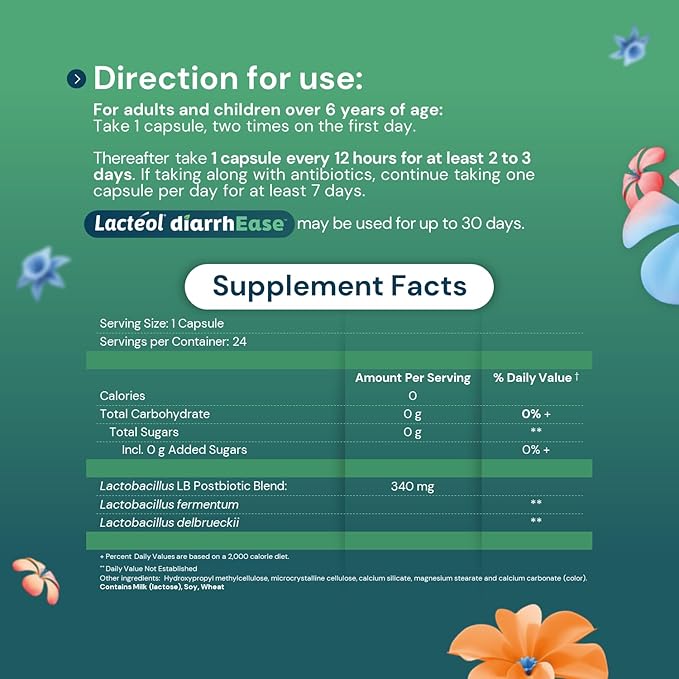 Lactéol diarrhEase- a Safe, Drug Free and clinically Tested postbiotic Strain That Helps soothes Occasional Digestive Upset and Shortens The Duration of Occasional Diarrhea, 24 Count