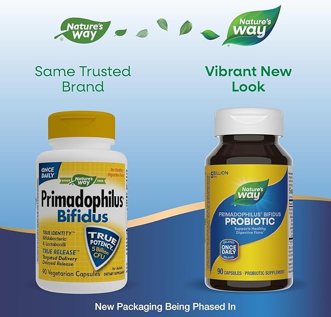 Nature's Way Primadophilus Bifidus Probiotic, Supports Digestive Flora*, 5 Billion Live Probiotic Cultures per Capsule, Lactobacilli, Bifidobacteria, 90 Capsules (Packaging May Vary) - 2 Pack