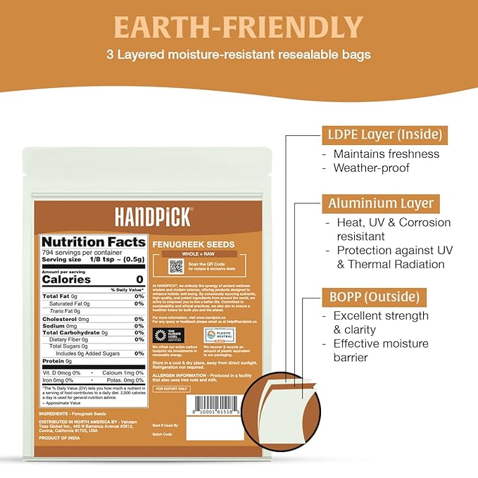 HANDPICK Fenugreek Seeds (14oz) ALL NATURAL Fenugreek - Indian Origin Whole Methi Seeds (Trigonella Foenum Graecum) Fenogreco En Semillas | Resealable Ziplock Pouch