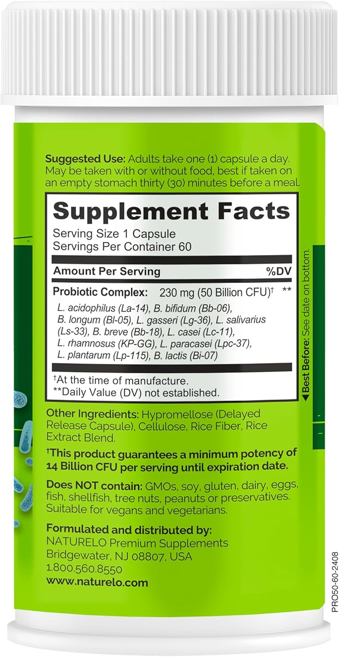 NATURELO Probiotics for Digestive Health - 50 Billion CFU, 11 Strains, Daily Use Supplement - Boosts Immune System, Delayed Release, No-Fridge, 60 Vegetarian Capsules (Pack of 2)