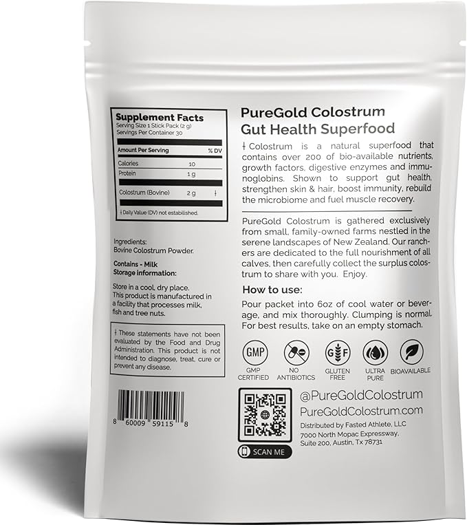 PureGold - Bovine Colostrum Powder - 100% Pure New Zealand Grass Fed, Supports Gut Health, Skin, Hair, & Immunity – Colostrum Supplement, Unflavored, 30 Travel Packets