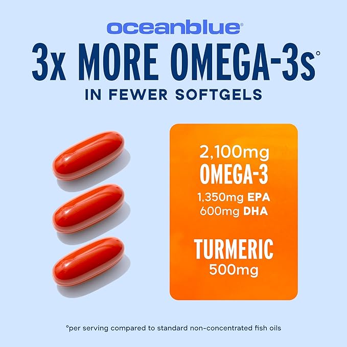 Oceanblue 2100 Triple Strength Omega-3 Fish Oil with Turmeric | Burpless Omega 3 Combo Supplement with Curcumin EPA DHA DPA| Heart and Joint Support | 60 Softgels